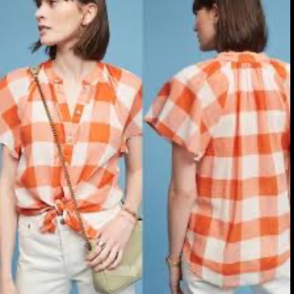 Anthro Maeve Blouse gingham/Plaid Orange Wht Sz M - Picture 2 of 11